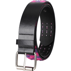 Detailed macro view of pink and purple diamond studs on a black leather punk Y2K belt