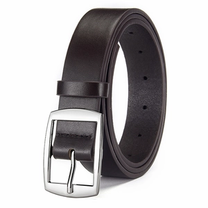 Detail of dark brown leather belt for men with silver pin buckle and adjustable holes