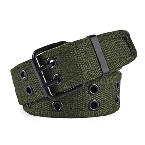Military green canvas tactical belt with black double-prong metal buckle and eyelets