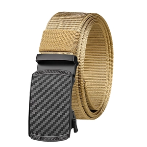Close-up of mens nylon tactical belt with zinc alloy automatic buckle and carbon fiber texture