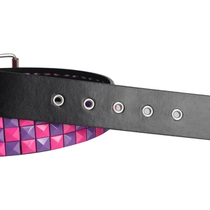 Detail of Y2K punk belt showing pink and purple square studs and metal eyelets