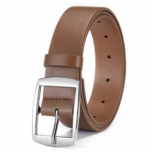 Detail shot of brown leather belt with a polished silver buckle on white background