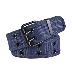 Unisex double-eyelet navy canvas belt with black matte metal buckle and punk streetwear style