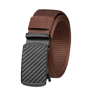 Men's brown nylon woven belt with black automatic buckle and Greek key pattern