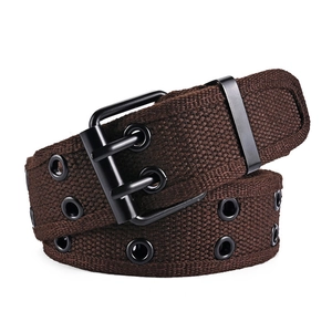 Classic dark brown double grommet canvas belt with matte black double pin metal buckle