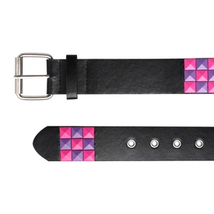 Y2K Punk style black leather belt with pink and purple rivets and silver buckle