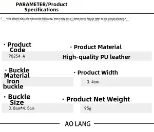 Detailed size specifications for a 3.4cm wide punk style PU leather belt with iron buckle