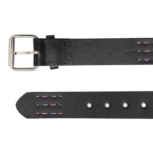 Detail of black punk leather belt with silver square buckle and pink cross stitching details