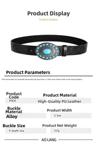 Macro detail of western belt with turquoise buckle, 3.5cm width and 9.0x6.5cm buckle dimensions