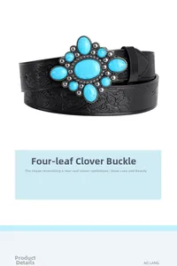 Close-up of bohemian black leather belt featuring turquoise clover buckle and floral embossing