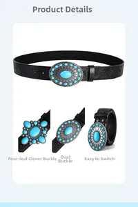 Detail showing vintage western belt buckles with turquoise insets and embossed black leather