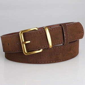 Deep brown suede leather belt with golden square buckle for vintage casual style