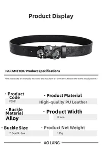 Detailed specs of black punk belt with skull alloy buckle and floral embossing