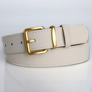 Minimalist beige suede leather belt with matte gold square pin buckle and white stitching