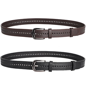 Detailed view of black and brown leather belts with full-length hole adjustment design