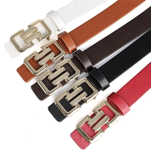 Detailed view of slim leather belts in five colors with golden geometric buckles for women