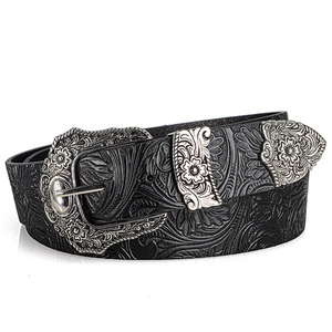 Vintage Western Rhinestone Carved Buckle PU Leather Belt Floral Embossed Waist Strap For Men Women Cowboy Jeans Accessory