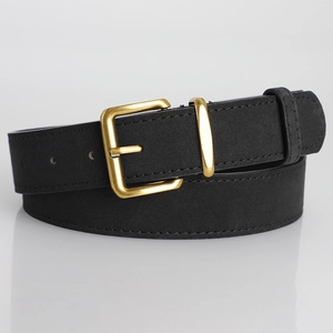 Classic black suede leather belt with a vintage gold pin buckle on light background