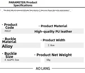 Detailed sizing chart and material specifications for unisex vintage PU leather belt
