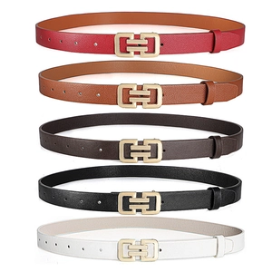 Detailed set of thin leather belts for women in five colors with gold geometric buckles