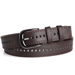 Detail of dark brown leather belt with black metal buckle and red double stitching