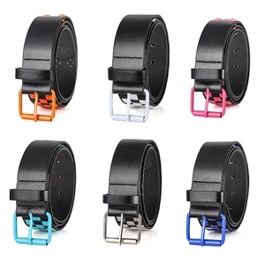 Detail showing various colors of Y2K punk style rivets on black leather belts with buckle