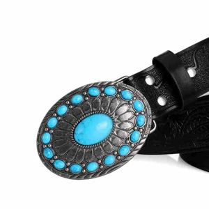 Detail of western belt with black embossed leather and turquoise alloy buckle