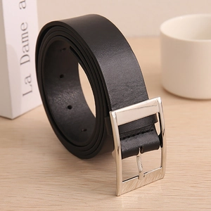 Men's minimalist black leather belt with a polished square silver metal pin buckle