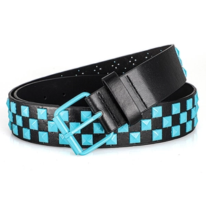 Detail of Y2K punk belt with double rows of blue square rivets and diamond punch holes