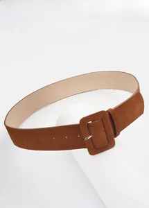 Detail of brown suede wide waist belt with rectangular buckle for dresses and sweaters