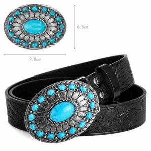 Detail view of vintage oval alloy buckle with turquoise stones and embossed black belt