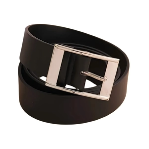 Classic men's black leather belt with a polished silver rectangular metal pin buckle