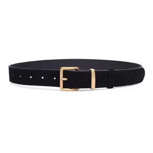 Detail of black suede belt with vintage gold rectangular pin buckle and adjustment holes