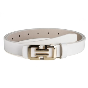 Detailed macro view of a white leather thin belt with elegant gold geometric metal buckle