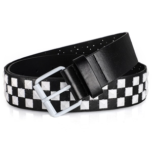 Detail view of black punk belt featuring double rows of white square pyramid studs