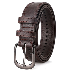 Detailed macro view of dark brown leather belt with red stitching and gunmetal buckle