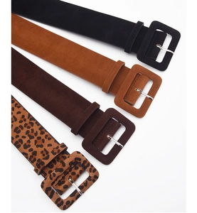 Detail view showing suede wide belts in black, brown, tan, and leopard print options