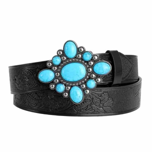 Detailed close-up of bohemian black leather belt with turquoise stone engraved buckle