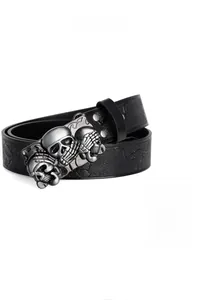 Close-up of vintage black belt featuring silver alloy buckle with three 3D skulls