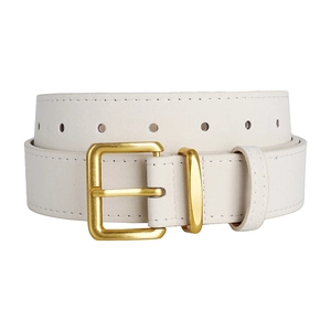 Detail of off-white suede leather belt with matte gold square buckle and fine stitching