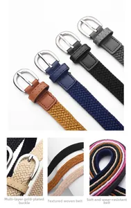 Dettagli di cinture intrecciate elastiche in vari colori con fibbia in metallo argentato