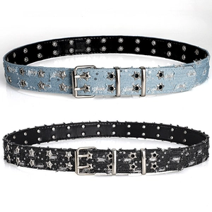 Women Punk Denim Belt With Star Eyelets Y2K Vintage Frayed Canvas Waistband For Jeans Fashion Hip Hop Waist Accessory