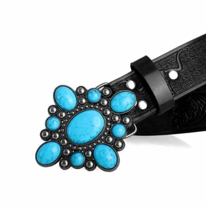 Close-up of Western vintage black leather belt with turquoise stones and floral buckle