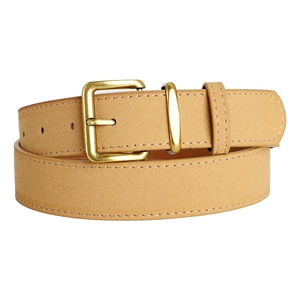 Macro detail of khaki suede belt with brass buckle and precise stitching accents