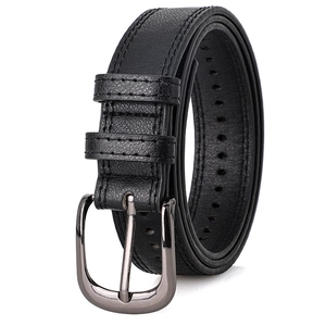 Detailed close-up of premium black lychee leather belt with gray metal buckle and stitching