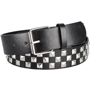 Detail of black Y2K punk belt with three rows of silver square metal rivets and buckle