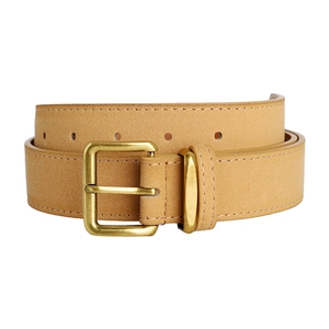 Detail of light brown suede belt with white stitching and brass rectangular pin buckle