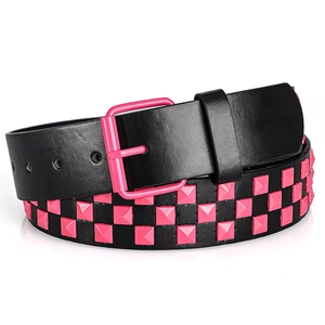 Detail of Y2K punk rock belt with pink square rivets on black faux leather band
