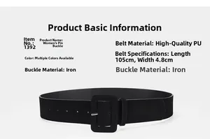 Detailed view of wide PU leather belt with square pin buckle and size specifications