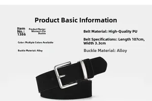 Detail view of black PU leather belt with alloy pin buckle showing 107cm x 3.3cm dimensions